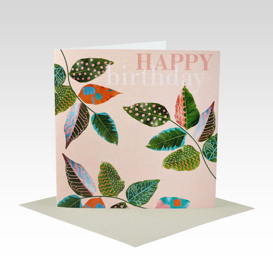 Card Pink Birthday Painted Leaves