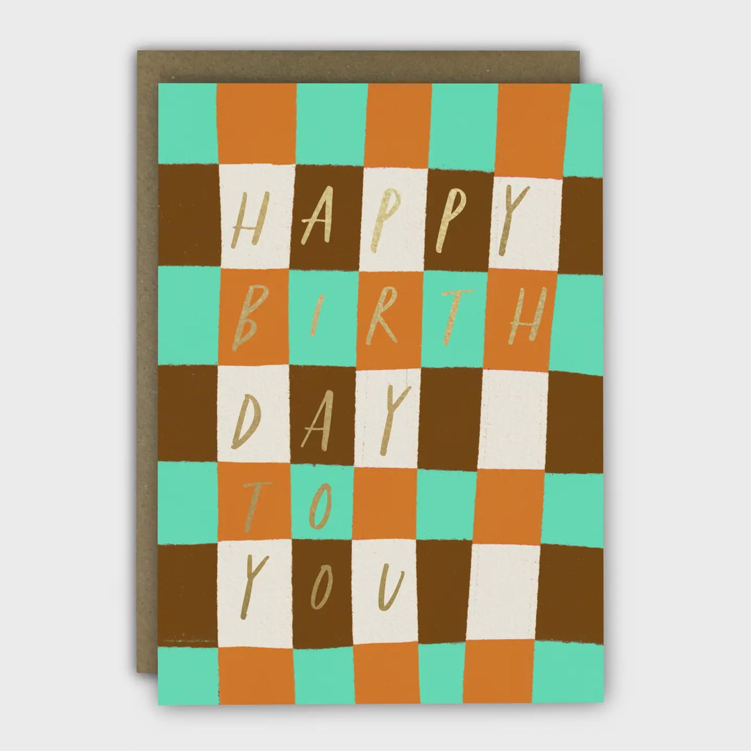 Card Birthday Brown & Aqua Check