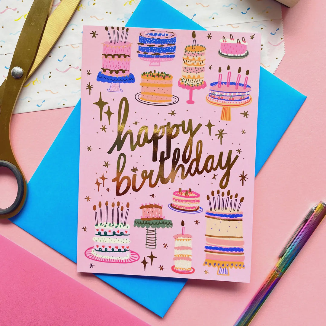 Card Happy Birthday Cake Pattern Gold