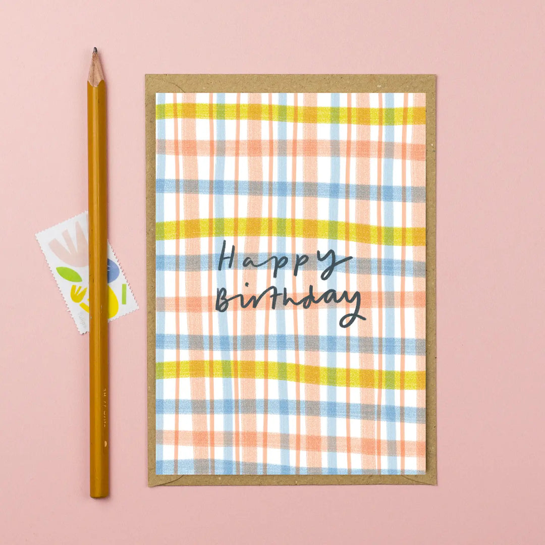 Card Pink & Yellow Checked Birthday