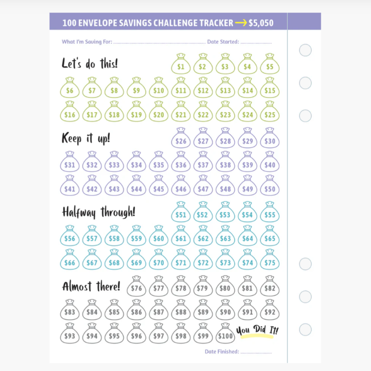 My 100 Envelope Savings Challenge Binder